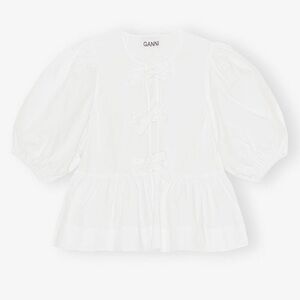 Ganni White Puff-Sleeve Cotton Top with Bows